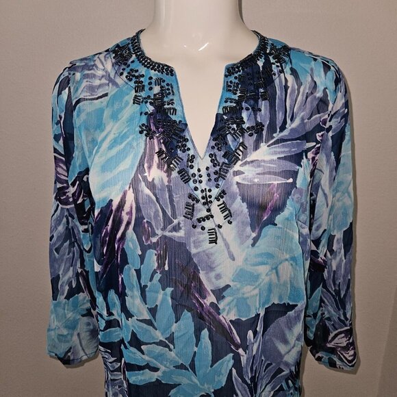 NEW Tantrums Blue Tropical Sheer Shirt Cover-Up Size Small Beaded Floral Vaca - Picture 2 of 11